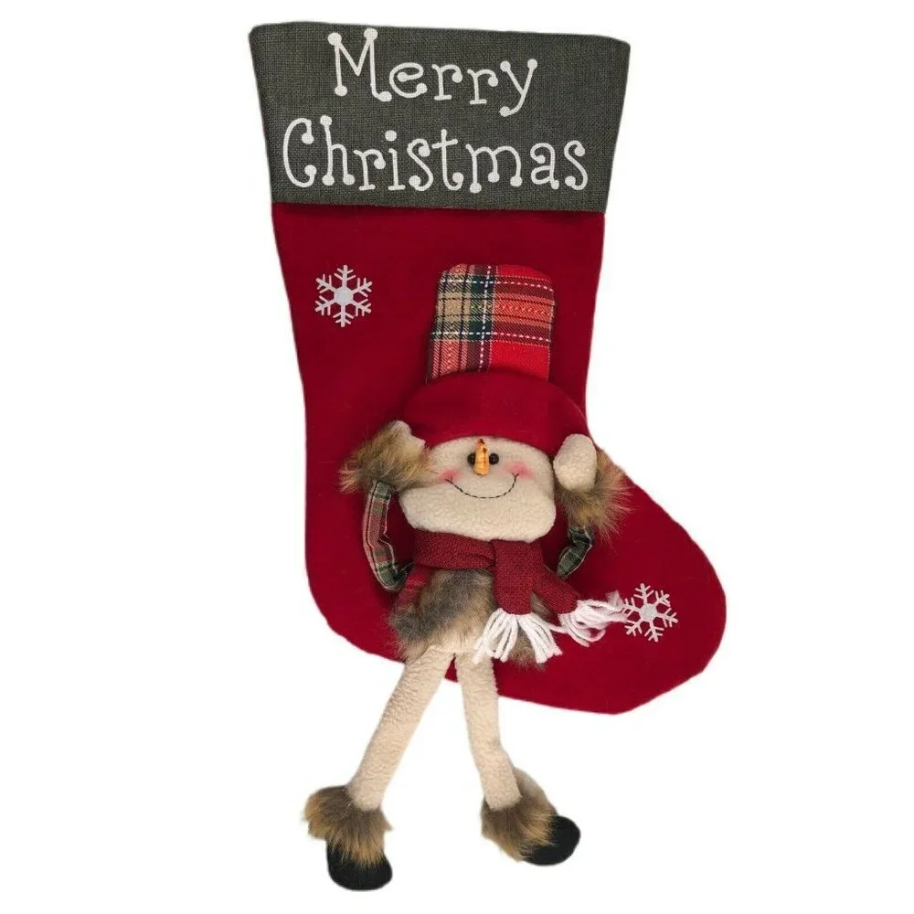 Handmade Christmas Stocking Farmhouse Snowman Plaid & Fur Felt & Canvas